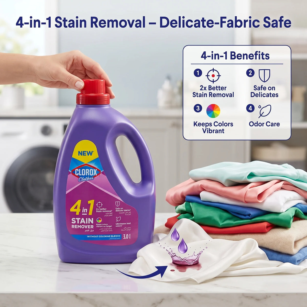 CLOROX Clothes Laundry Stain Remover 3.0 L – 4-in-1 Formula, Without Chlorine Bleach, Delicate-Fabric Safe