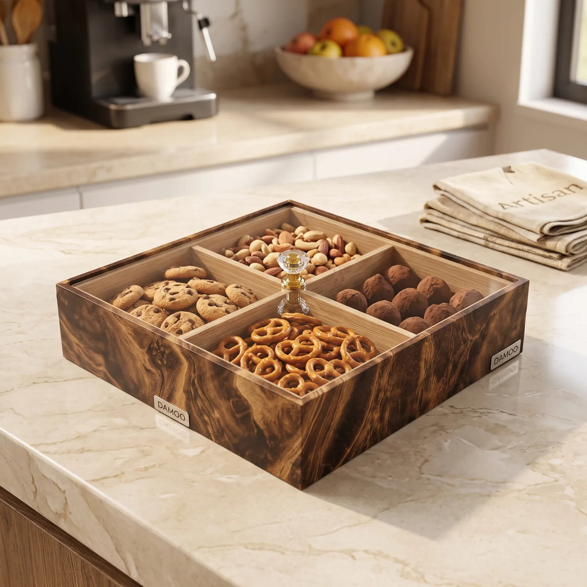 4-Compartment Divivded MDF Snack Fruit Serving Box – 20 x 20 x 8 cm | Clear Lid | Crystal Knob | Snack and Fruit Storage