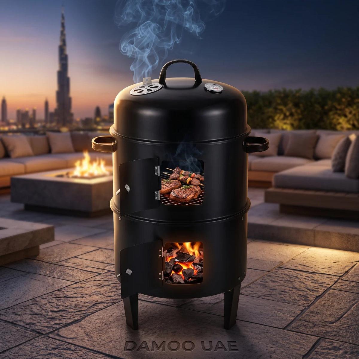 3-in-1 Vertical Charcoal Smoker Grill Black - Heavy Duty Portable Outdoor BBQ with Smoking Function, Built-in Thermometer, Air Vent & Domed Lid
