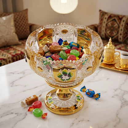M.E.W Ornate Gold-Painted Floral Enamel Glass Candy Bowl – 14 cm Pedestal Dish with Scalloped Rim and Decorative Cut-Glass-Style Pattern