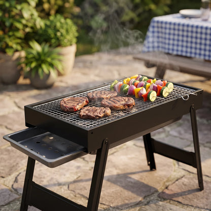 JIHAM Portable barbecue grill – Black Outdoor BBQ Grill with Rectangular Cooking Grate, Enclosed Body and Raised Legs for Outdoor Cooking