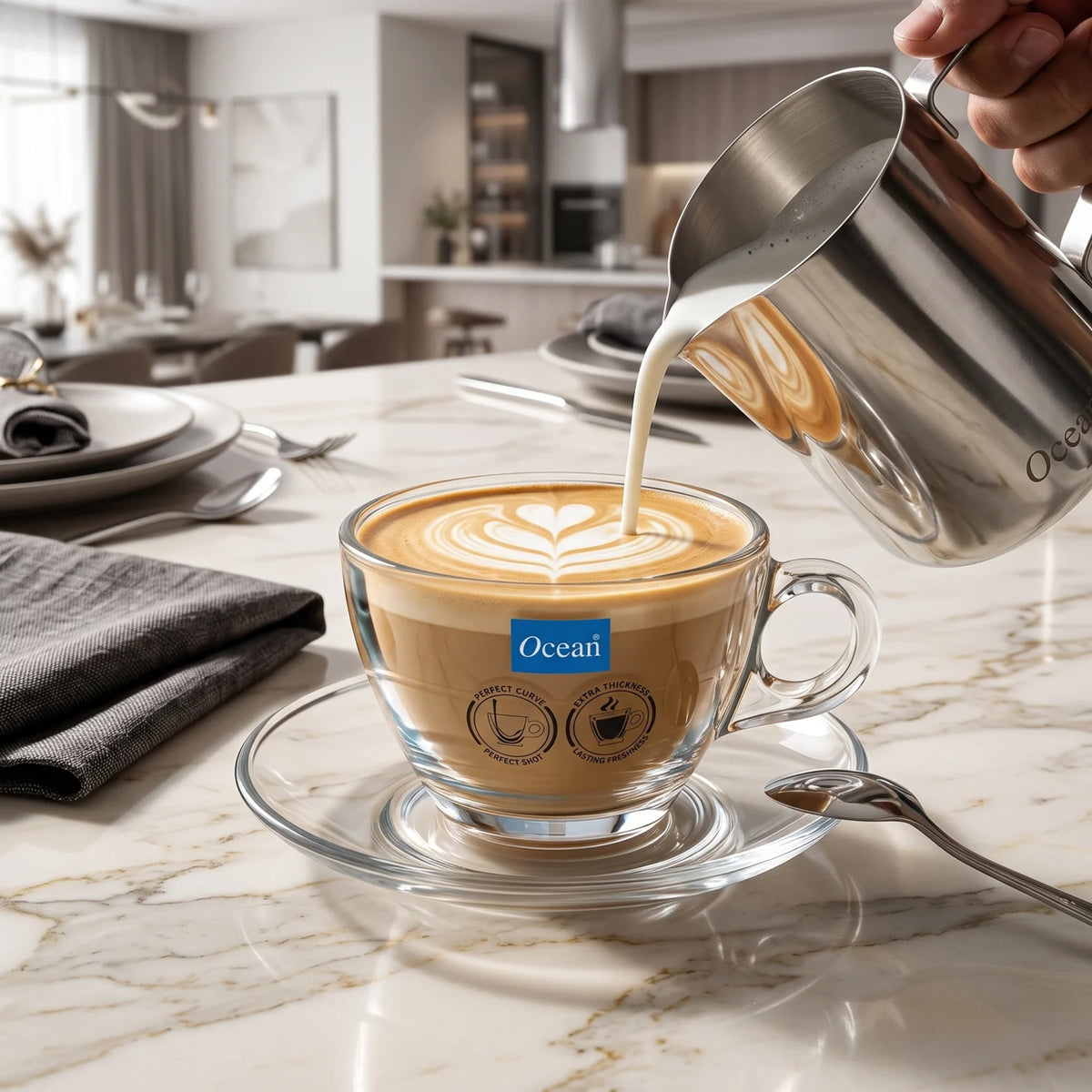 Ocean 3 Coffee Cups and Saucer Latte Set, 260 ML – Clear Glass Coffee Cups with Extra-Thick Design for Latte and Everyday Serving