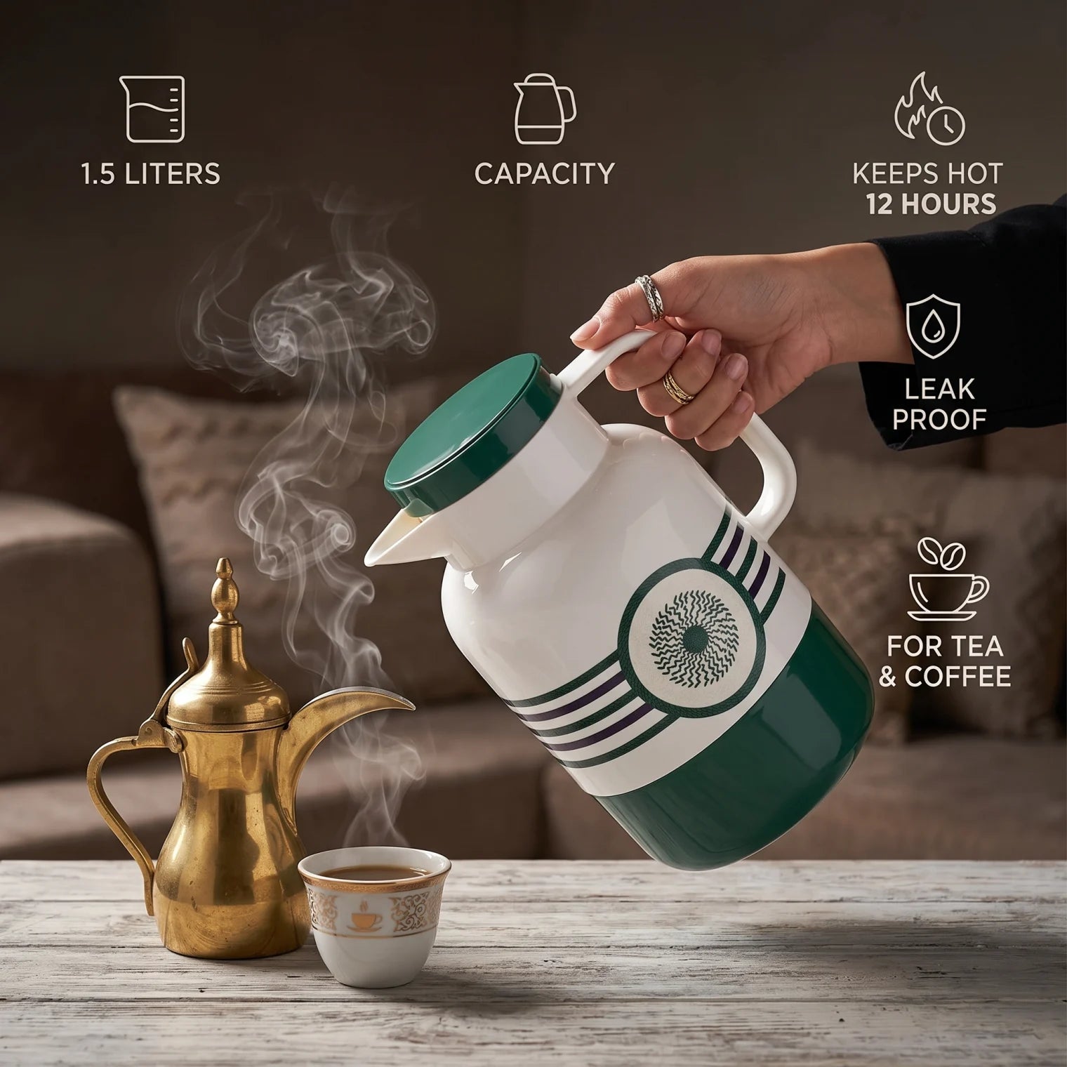 Legend Vacuum Flask 1.5 Liters with Decorative Stripped & Geometric Pattern | Leak Proof Tea and Coffee Flask