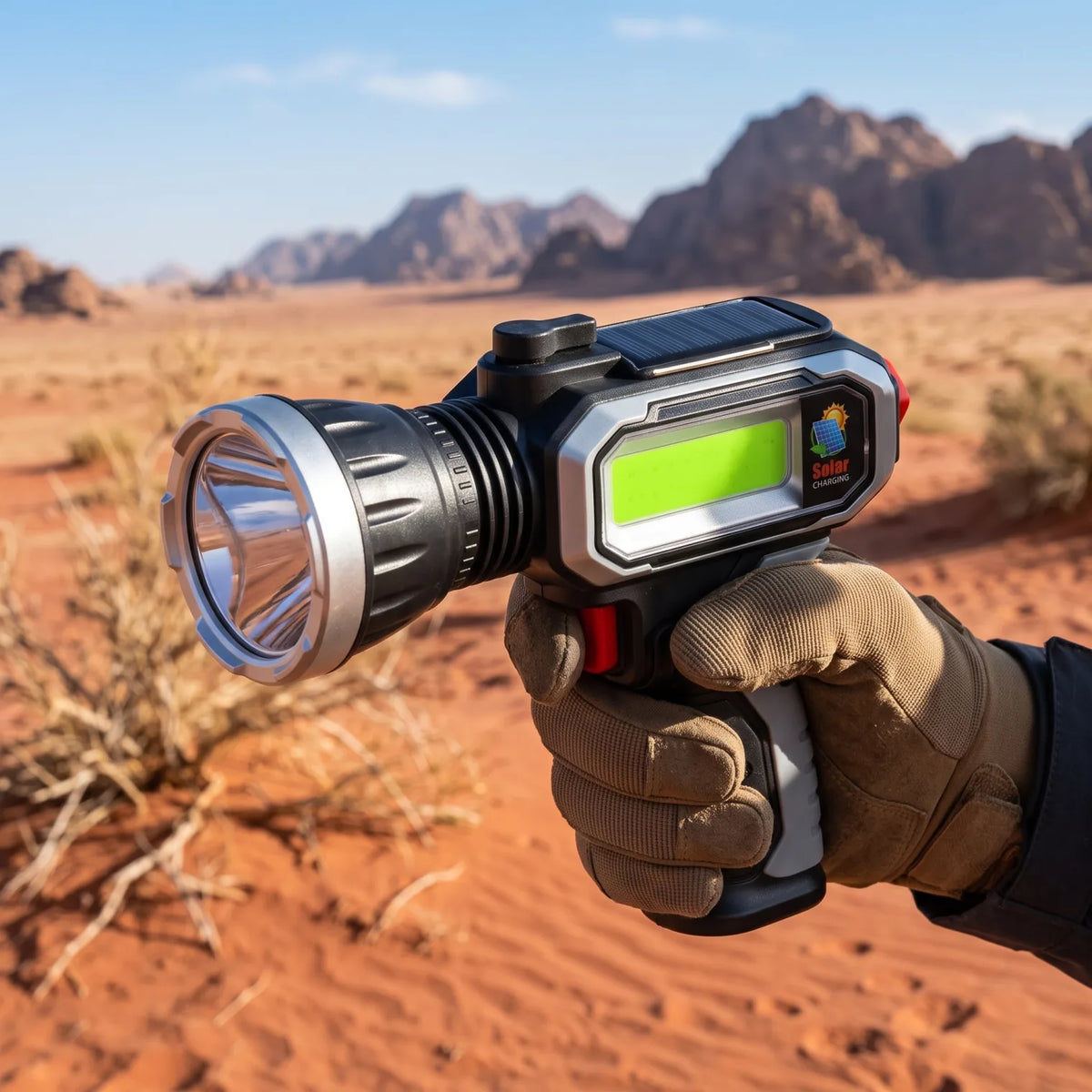 High mountain tiger Multifunctional Flashlight – 14 cm Height x 6 cm Width x 19 cm Length | Rechargeable, Solar & Type-C Charging, Front Beam and Side Light Panel