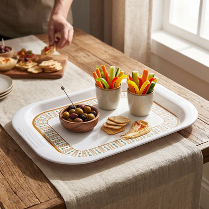 Melamine Serving Tray 42 x 28 cm – White Rectangular Platter with Gold, Green & Red Decorative Border and Raised Rim