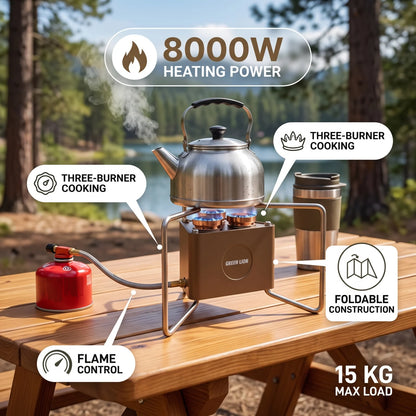 Green Lion 3-Burner Foldable Camping Stove – 8000W Heating Power, 15 kg Max Load, Flame Control, Portable Outdoor Cooking Cooker