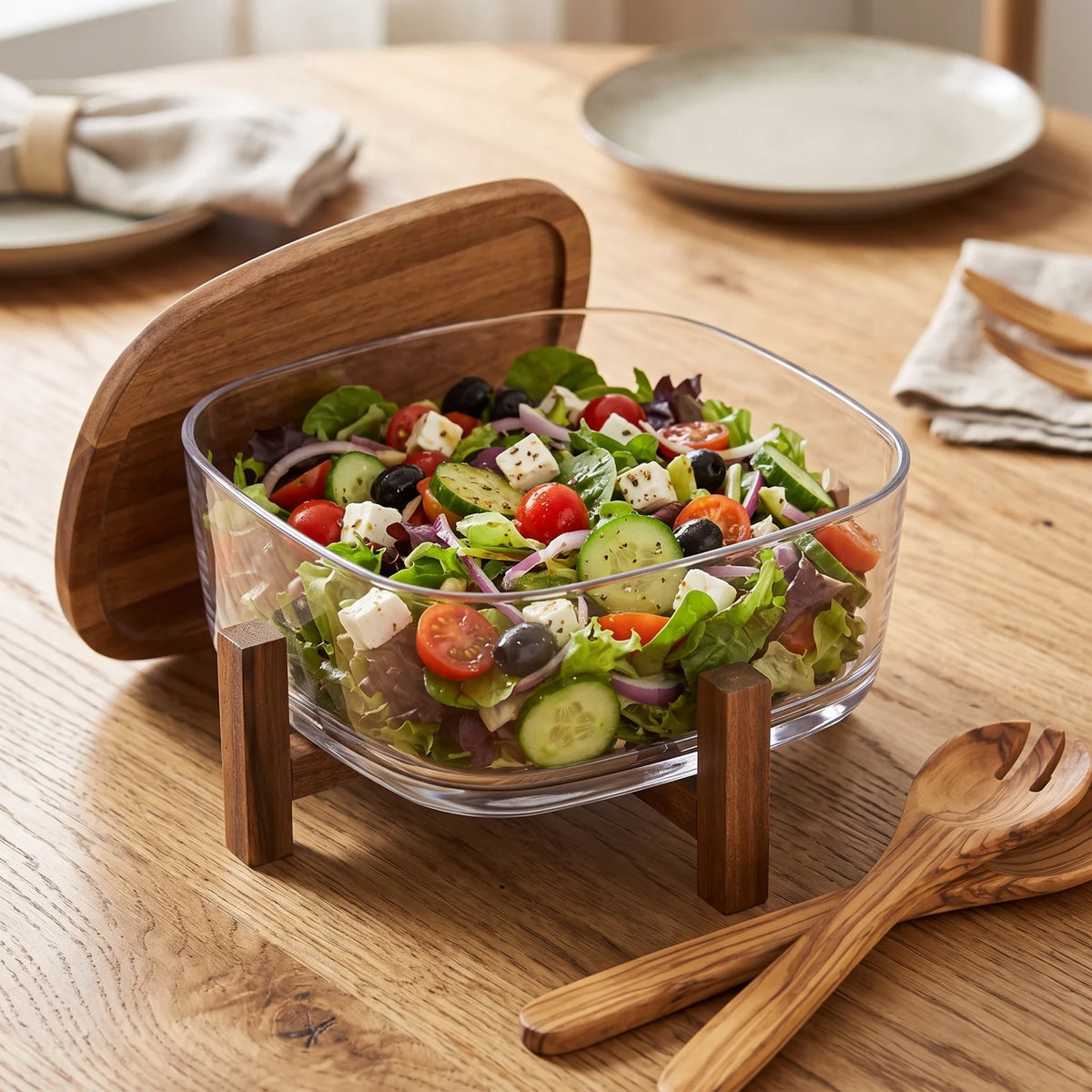 SALAD SERVING SET G-5055B – Thick Clear Acrylic Bowl with Wooden Lid and Holder | Salad Serving Bowl for Home Dining and Table Presentation