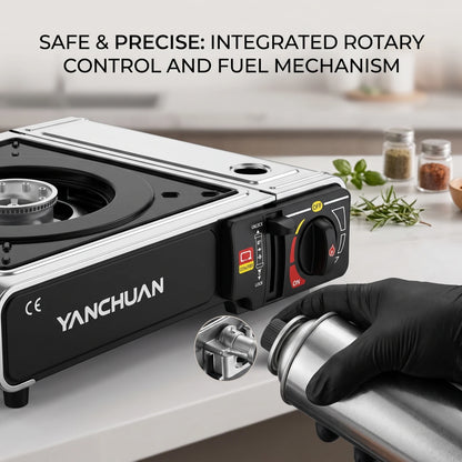 YANCHUAN Portable Gas Stove BDZ-155-A – High Heat Output, Single-Burner Black Cooktop with Rotary Control