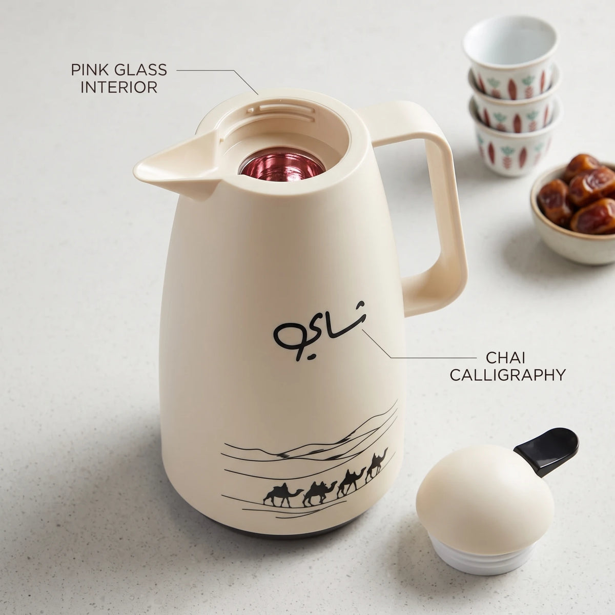 Crystal House Cream-Colored Vacuum Flask 1 Litre – Arabic Desert Artwork, Chai Calligraphy, Leak-Proof Tea & Coffee Flask