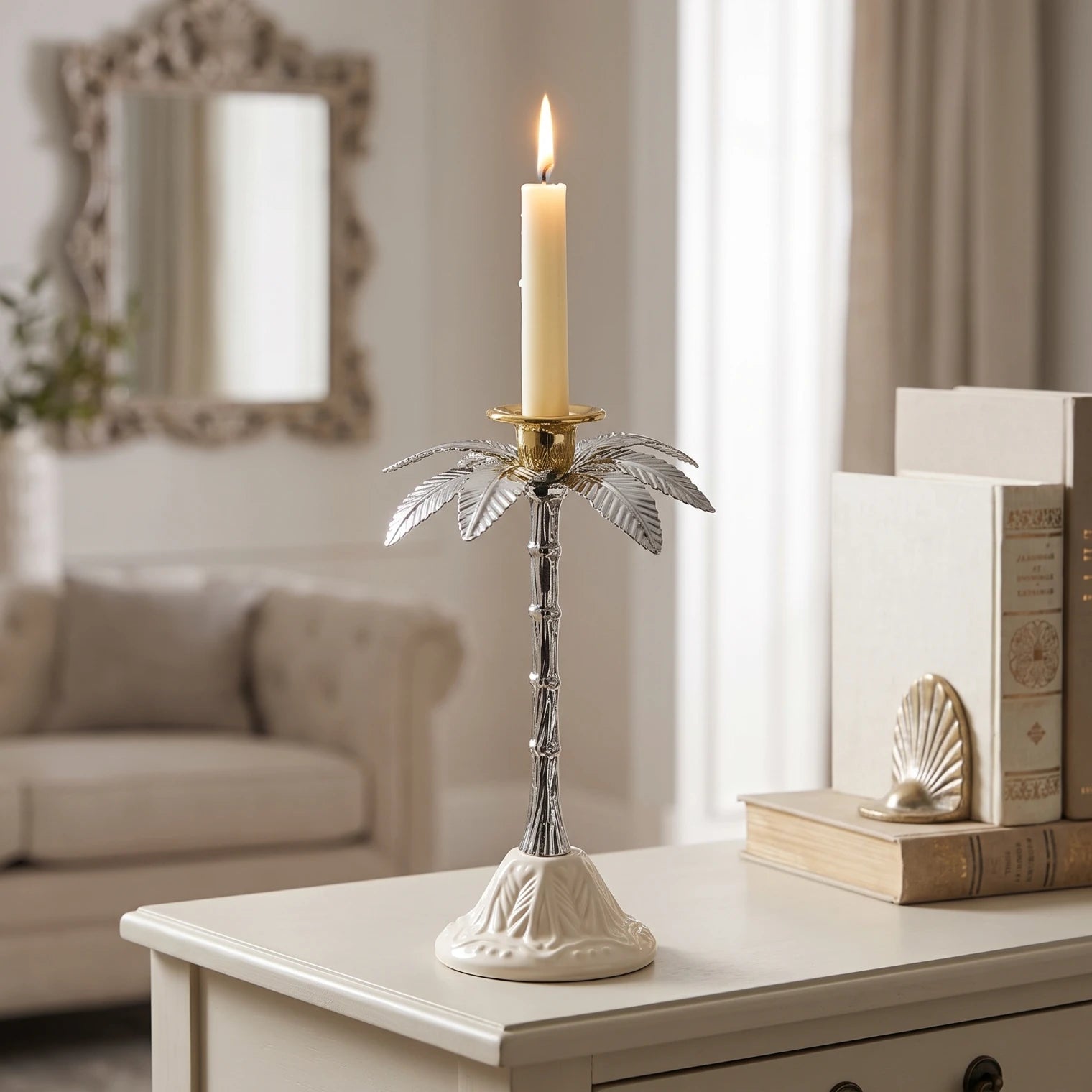 Metal Silver Palm Tree Candle Holder – 23cm Decorative Design with Detailed Leaves and Off-White Base