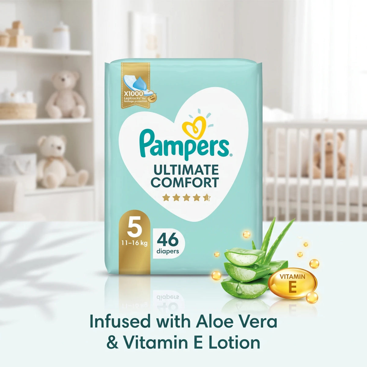 Pampers Ultimate Comfort Baby Disposable Diapers Size 5, 11–16 kg, 46 Diapers | Aloe Vera & Vitamin E Lotion | X1000 LeakLocks | MEGA PACK