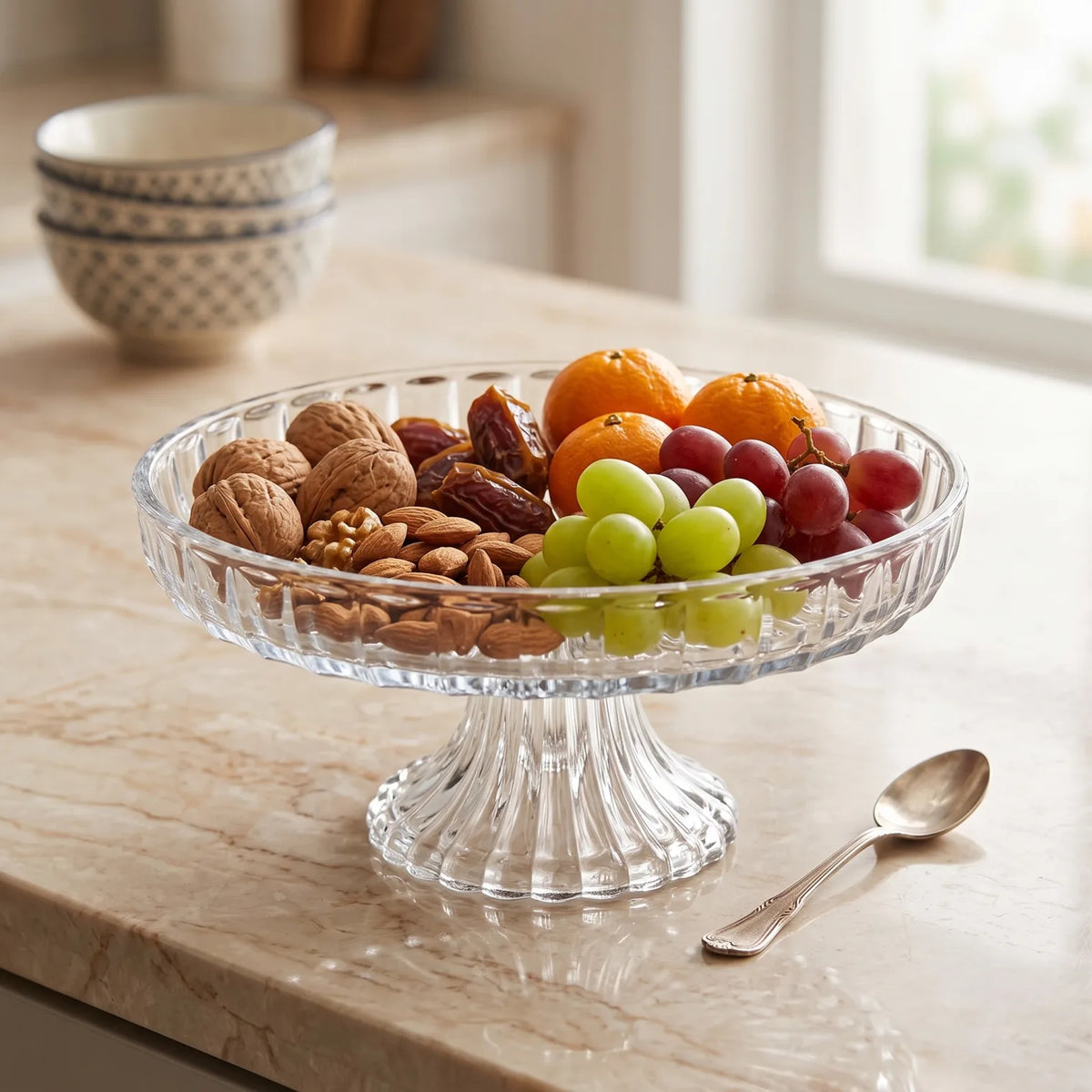Round Glass Fruit Plate with Stand – 17 x 17 cm | Ribbed Radial Design | Clear Dessert, Fruit and Nut Serving Plate