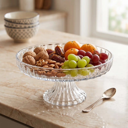 Round Glass Fruit Plate with Stand – 17 x 17 cm | Ribbed Radial Design | Clear Dessert, Fruit and Nut Serving Plate