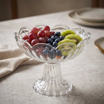 Decorative Glass Pedestal Fruit Bowl – 16cm Scalloped Rim | Fluted Rib Design | For Fruits, Desserts, Nuts and Ice Cream