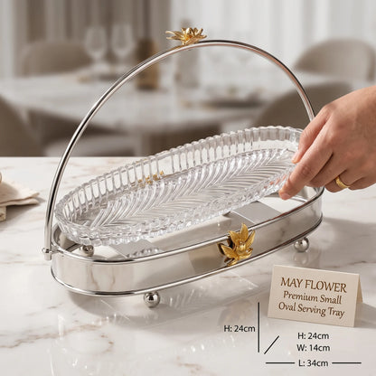 MAY FLOWER Premium Small Oval Serving Tray – Steel & Glass with Arch Handle, Gold-Tone Floral Accent | Decorative Food Display Stand, 24cm H x 14cm W x 34cm L