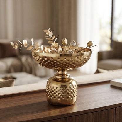 Gold-Toned Metal Decorative Bowl Large – 22 x 26 x 26 cm | Footed Design | Raised Decorative Pattern | Reflective Finish