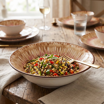 20 CM Porcelain Bowl – Wide Shallow Design with Glossy Beige, Pink and Brown Radial Pattern