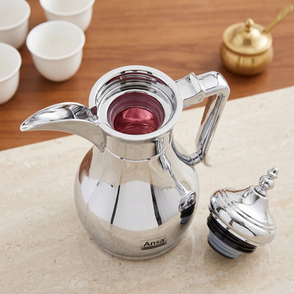 Ansa Traditional Arabic Stainless Steel Vacuum Flask – 0.35 or 0.6 Liters | Pink Glass Interior | Leak Proof Tea and Coffee Server - Plain Silver / 0.35 Liters - Image 3