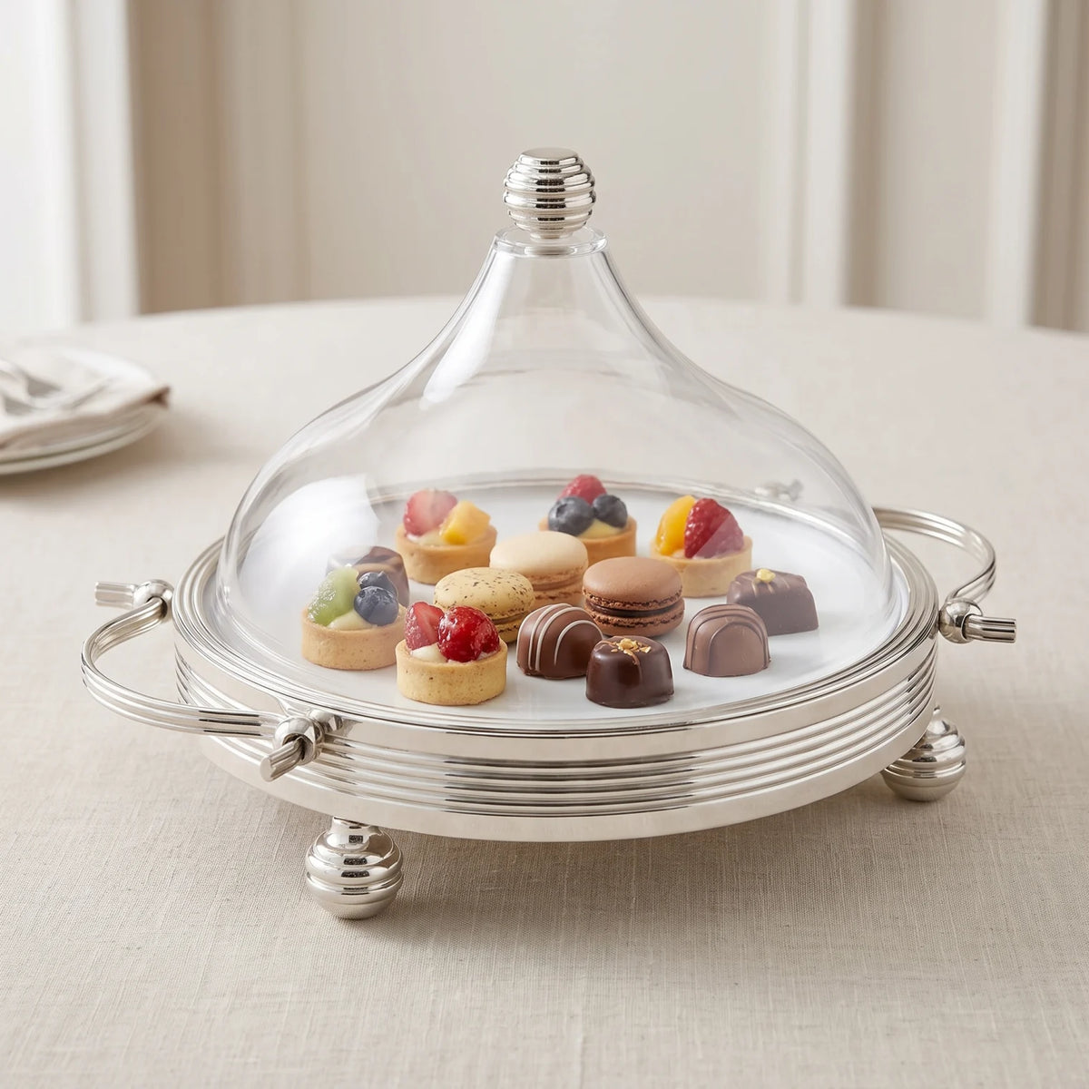 Ansa Premium Silver Serving Tray with Domed Acrylic Cover – Small & Medium Sizes | Raised Dessert Stand for Cakes, Fruits, Sweets and Chocolates - Silver / Small - Image 3