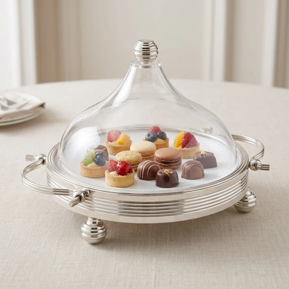 Ansa Premium Silver Serving Tray with Domed Acrylic Cover – Small & Medium Sizes | Raised Dessert Stand for Cakes, Fruits, Sweets and Chocolates - Silver / Small - Image 3