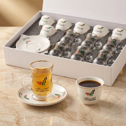 The Emirates 18-Piece Cups and Saucers Set – Arabic Coffee Cups, Glass Tea Cups and Ceramic Saucers with UAE-Themed Design