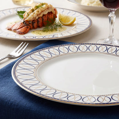 QUALITIER Premium Fine Porcelain Flat Plate 27 CM – White Tableware with Blue and Gold Decorative Rim for Dining and Serving