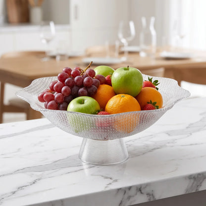 Clear Textured Glass Fruit Pedestal Bowl – Scalloped Rim, Footed Base | 10cm H x 26cm W x 26cm L, 8cm Base