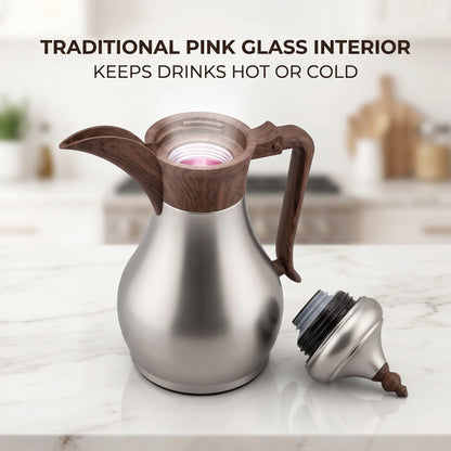 Ansa Traditional Arabic Stainless Steel Vacuum Flask – 0.35 or 0.6 Liters | Pink Glass Interior | Leak Proof Tea and Coffee Server - Matte Silver - Wood / 0.35 Liters - Image 3