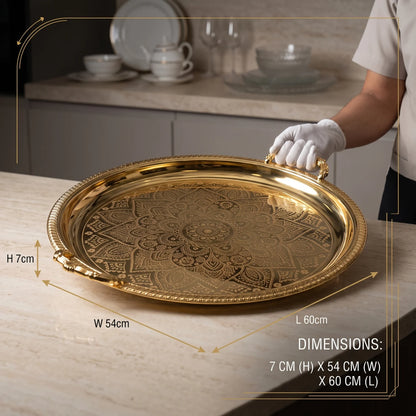 M.E.W Round Stainless Steel Serving Tray – Large & Extra Large | Mandala Floral Pattern | Decorative Handles | Silver, Gold & Silver - Gold - Gold / Large - Image 3