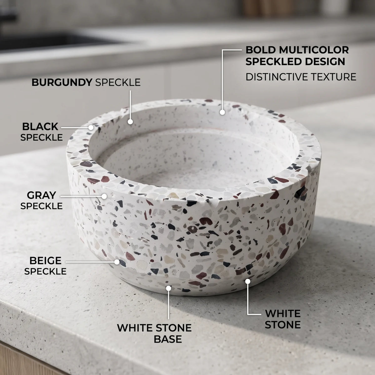 Stone Serving Bowl – 16 CM Wide, 6 Cm High | Round Shallow White Speckled Decorative Table Bowl