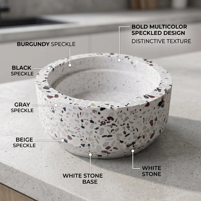 Stone Serving Bowl – 16 CM Wide, 6 Cm High | Round Shallow White Speckled Decorative Table Bowl