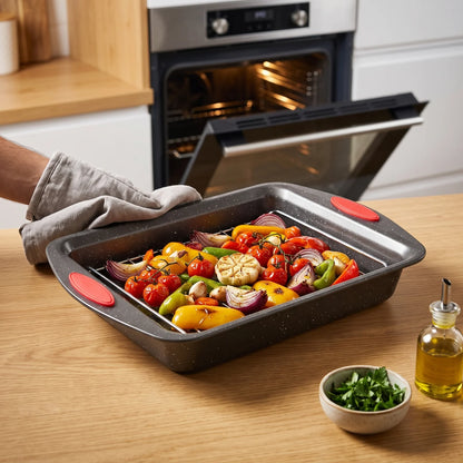 Rectangular Roasting & Baking Pan – Speckled Interior, Raised Sides, Rounded Corners and Red Side Grips
