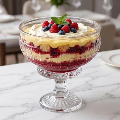 Decorative Glass Footed Serving Bowl – 26cm x 27cm | Geometric Texture | Ribbed Pedestal Base