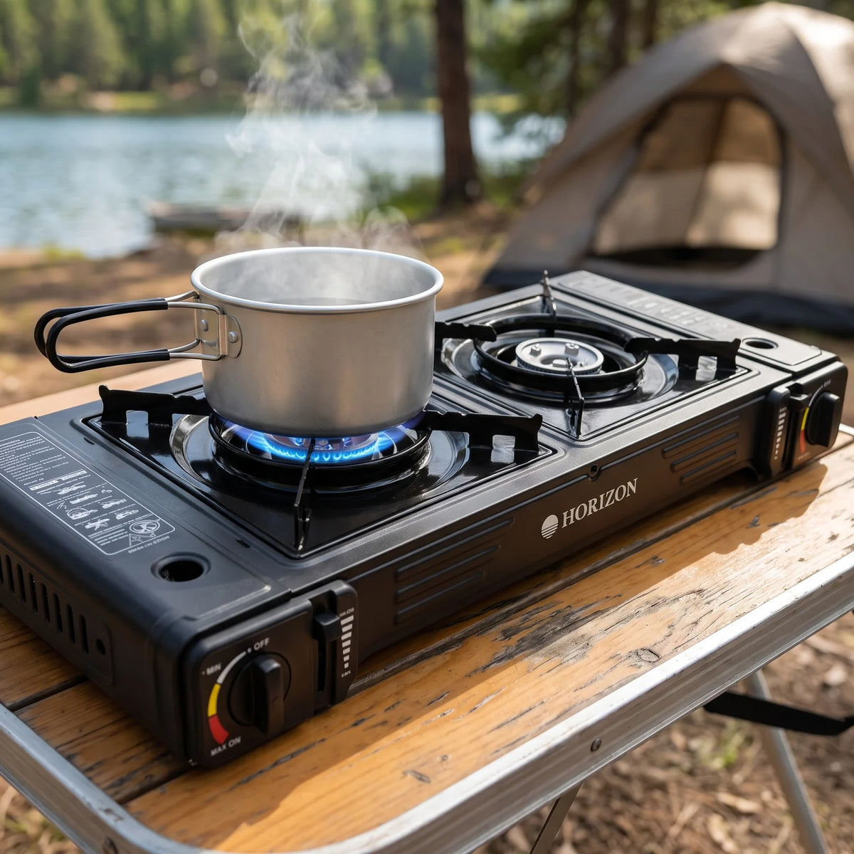 HORIZON Double-Burner Black Butane Gas Stove – Portable Camping Cooker | Two Burners | Separate Controls | 11 x 28 x 64 cm