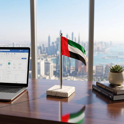 Acrylic Mini UAE Flag with Marble Travertine Square Base – 17cm Desk Decoration for Office, Desk and National Day Celebrations