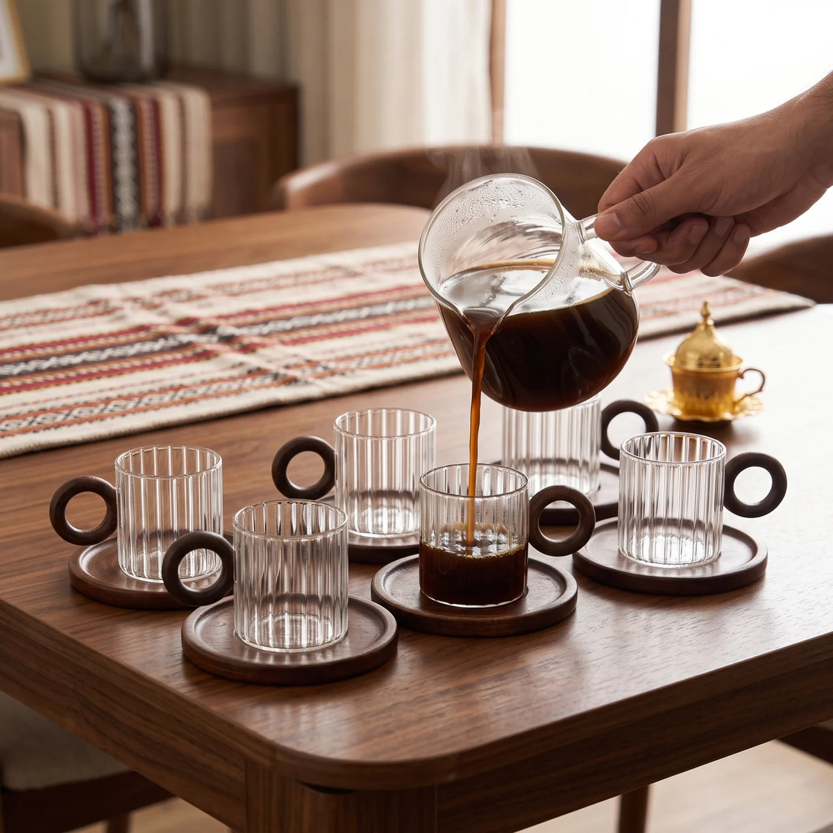 6-Piece Glass Cup Set with Wooden Saucers – Clear Ribbed Cups, Dark Brown Handles and Matching Serving Saucers