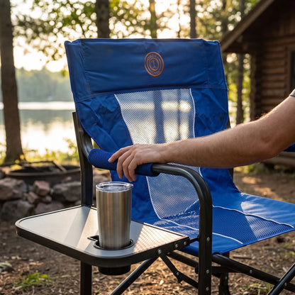 OMEGA KOREA 1 Heavy Duty Portable Director Camping Chair – Folding Outdoor Chair with Attached Side Table, Cup Holder & Mesh Backrest - Blue - Image 3