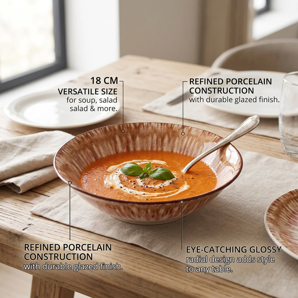 18 CM Porcelain Bowl – Brown, Cream & Pink Glossy Radial Design for Serving and Dining