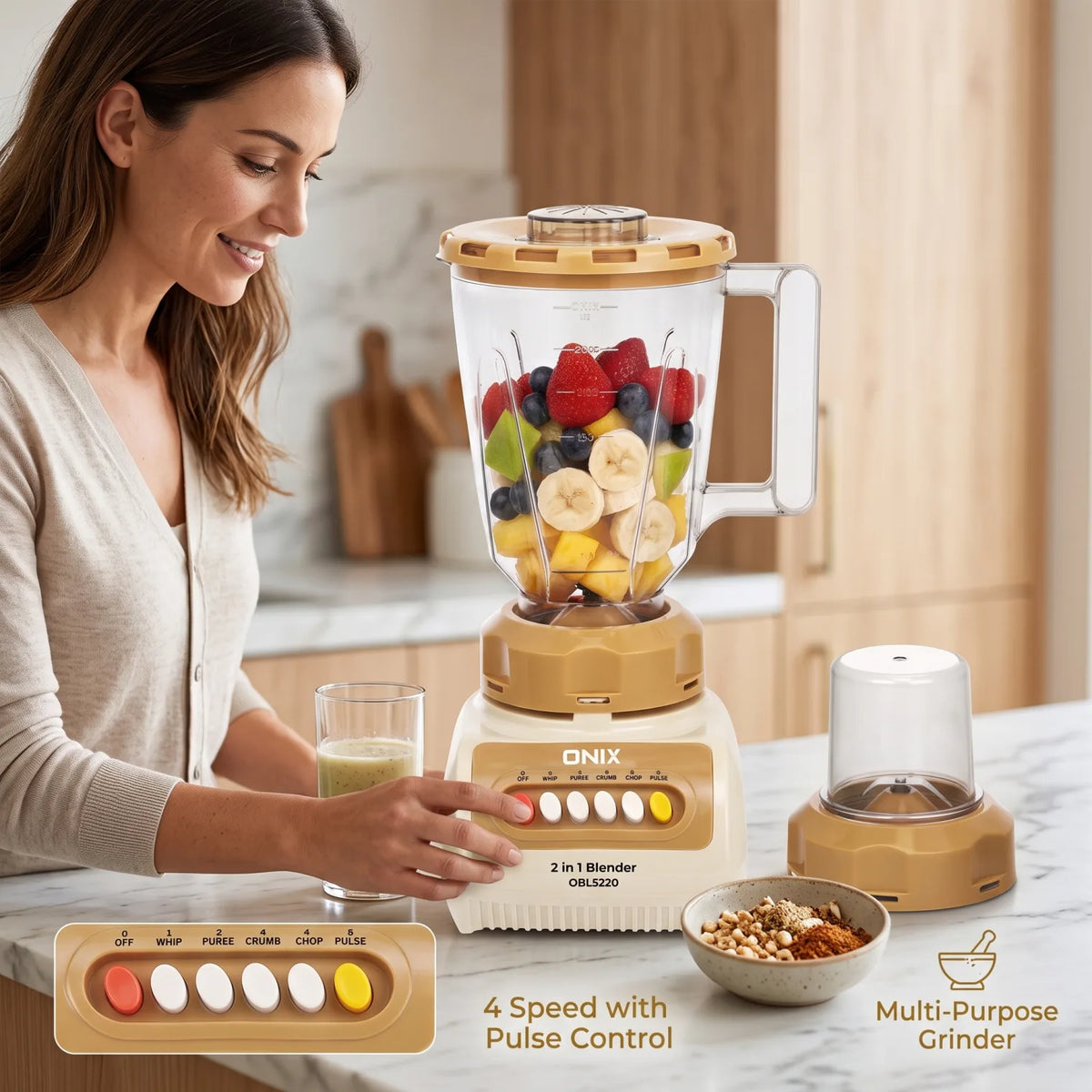 ONIX 2 in 1 Blender OBL5220 – 1.5L Jar | 4-Speed Pulse Control | Multi-Purpose Grinder for Blending and Food Preparation