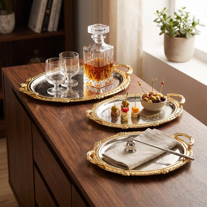 Ripple 3-Piece Luxury Metal Serving Tray Set – Ornate Handles, Floral Pattern Centers, Decorative Raised Rims, Small to Large Sizes - Gold - Silver - Image 3