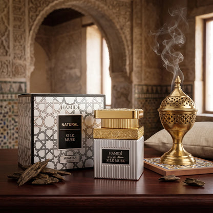 HAMIDI SILK MUSK Natural Muattar – 50 grams | Silk Musk Fragrance Perfume with Ornate Silver and Gold Packaging