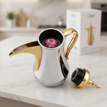 Ansa Stainless Steel Arabic Vaccum Flask – 0.65 Litre | Pink Glass Interior | Leak Proof Tea & Coffee Serving Flask - Gold - Silver - Image 3