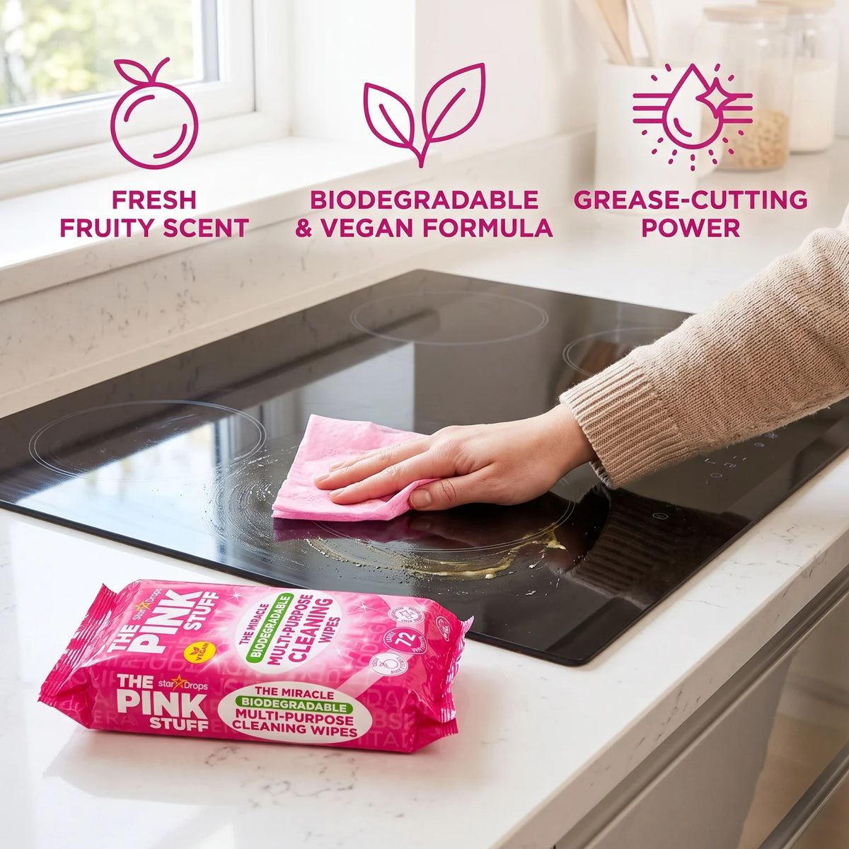 The Pink Stuff The Miracle Multi-Purpose Cleaning Wipes – 72 Large Pink Wipes | Fresh Fruity Scent | Biodegradable Vegan Grease-Cutting Cleaner