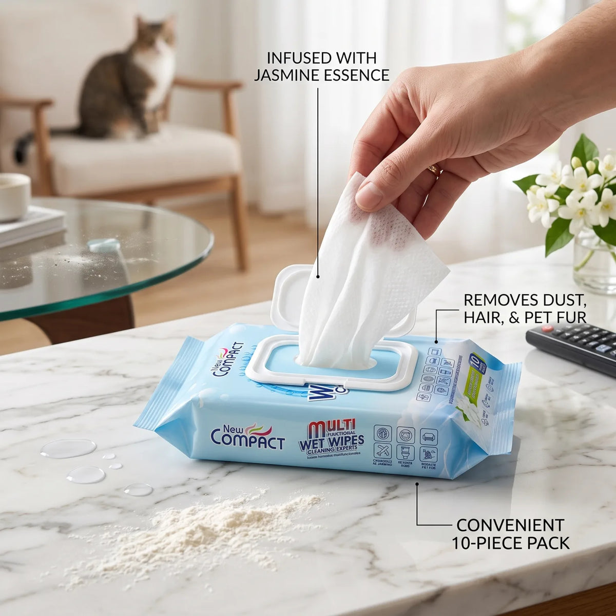 EXITO New Compact Household Wet Wipes – 10 Pieces with Jasmine Essence | Multifunctional Cleaning Wipes for Dust, Hair and Pet Fur