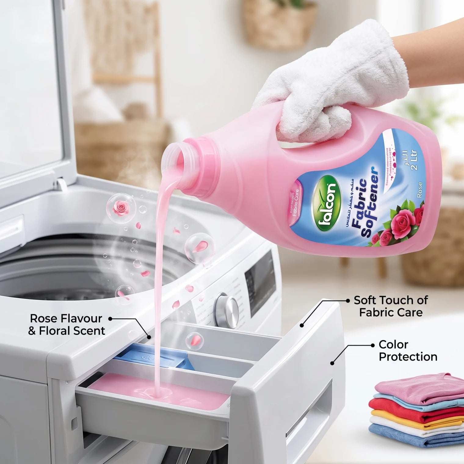 Falcon Fabric Softener – 2 Liters Capacity, Rose Flavour | Floral Scent, Color Protection and Fabric Care