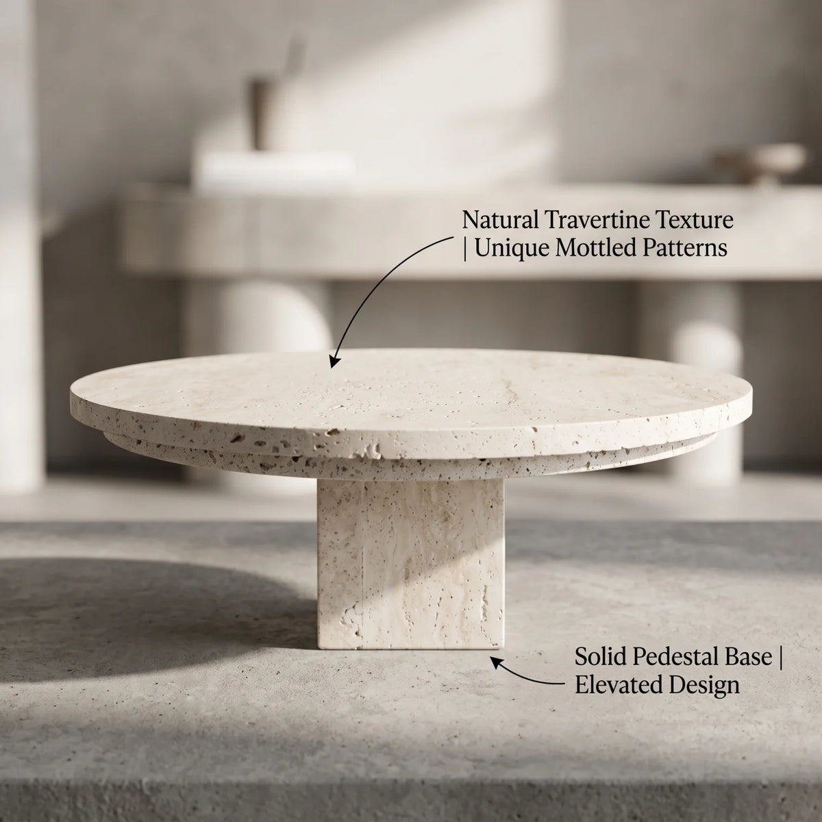 Round Natural Travertine Marble Stand with Base – 30 x 30 x 11 cm | Off-White Beige Pedestal Design