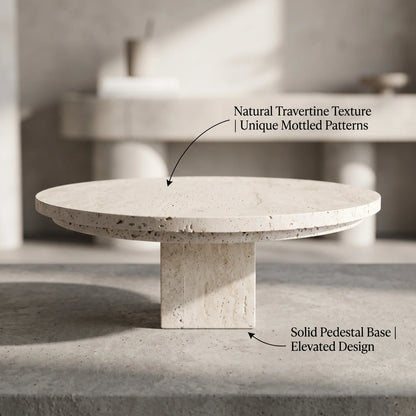 Round Natural Travertine Marble Stand with Base – 30 x 30 x 11 cm | Off-White Beige Pedestal Design