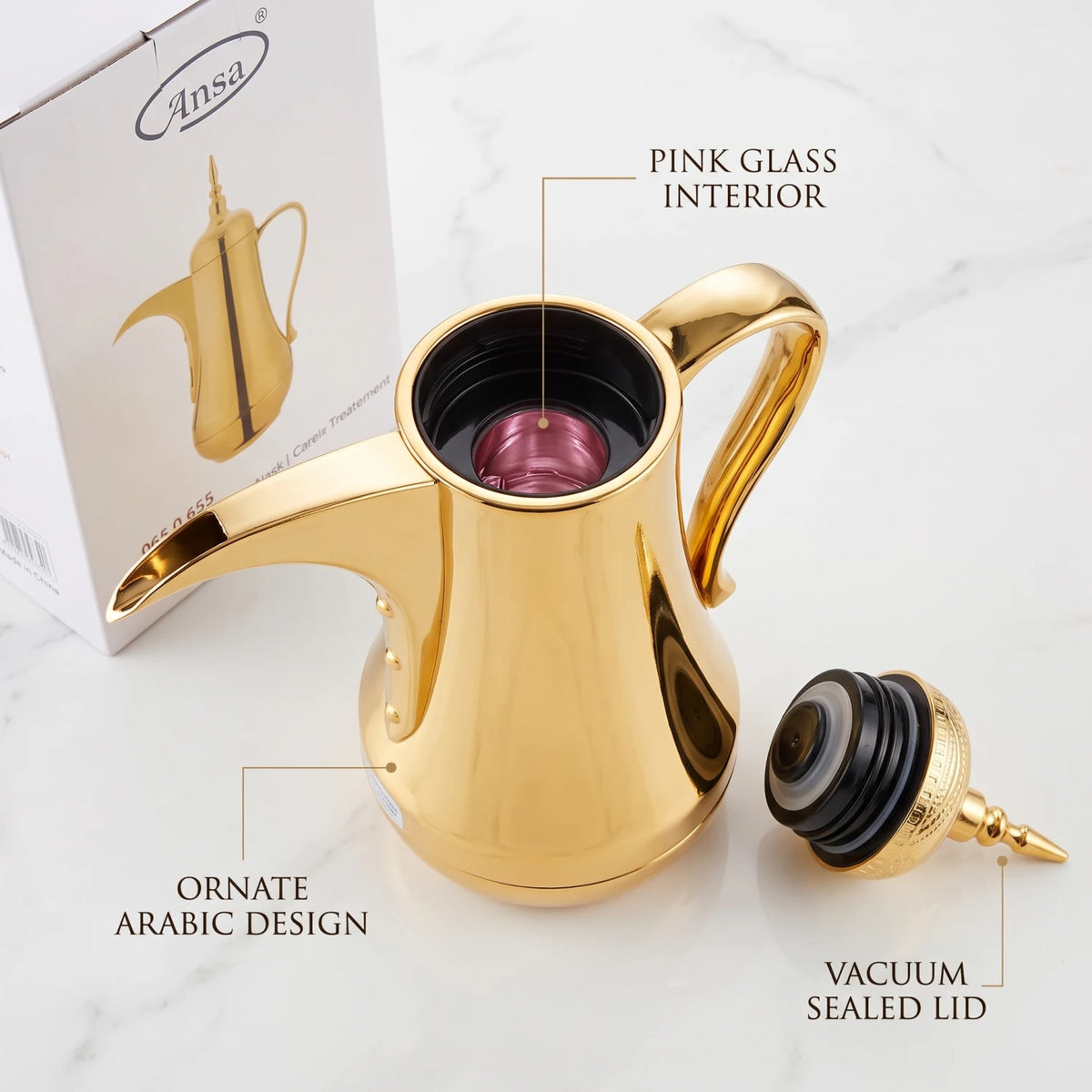 Ansa Stainless Steel Arabic Vaccum Flask – 0.65 L | 12-Hour Hot, 24-Hour Cold | Leak Proof | Pink Glass Interior | Tea & Coffee - Plain Gold - Image 3