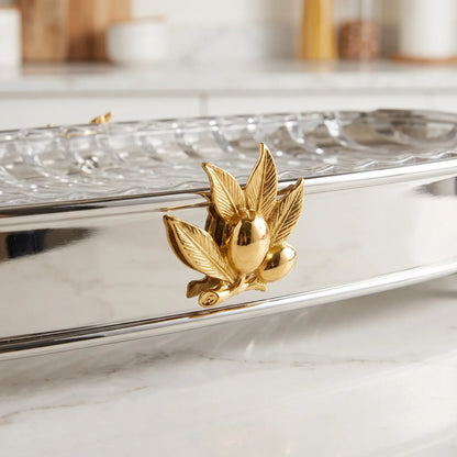 MAY FLOWER Premium Medium Oval Serving Tray – Steel and Glass Food Display Stand with Arch Handle, Gold-Toned Floral Accent, 27 x 17 x 44 cm