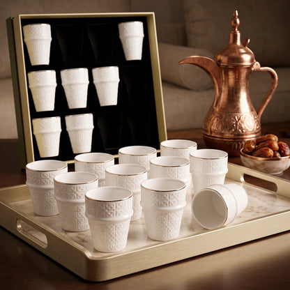Dallah addar 12 pieces Arabic Moroccan bone china porcelain cups set – White Glossy Geometric Design with Metallic Rim